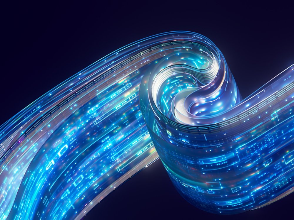 A luminous ribbon of digital data curves dynamically across a dark background. The flowing structure is composed of layered translucent bands filled with glowing blue, cyan, and purple lights. Small geometric elements suggest data packets, circuits, or information flow. The overall scene conveys speed, connectivity, and futuristic technology.