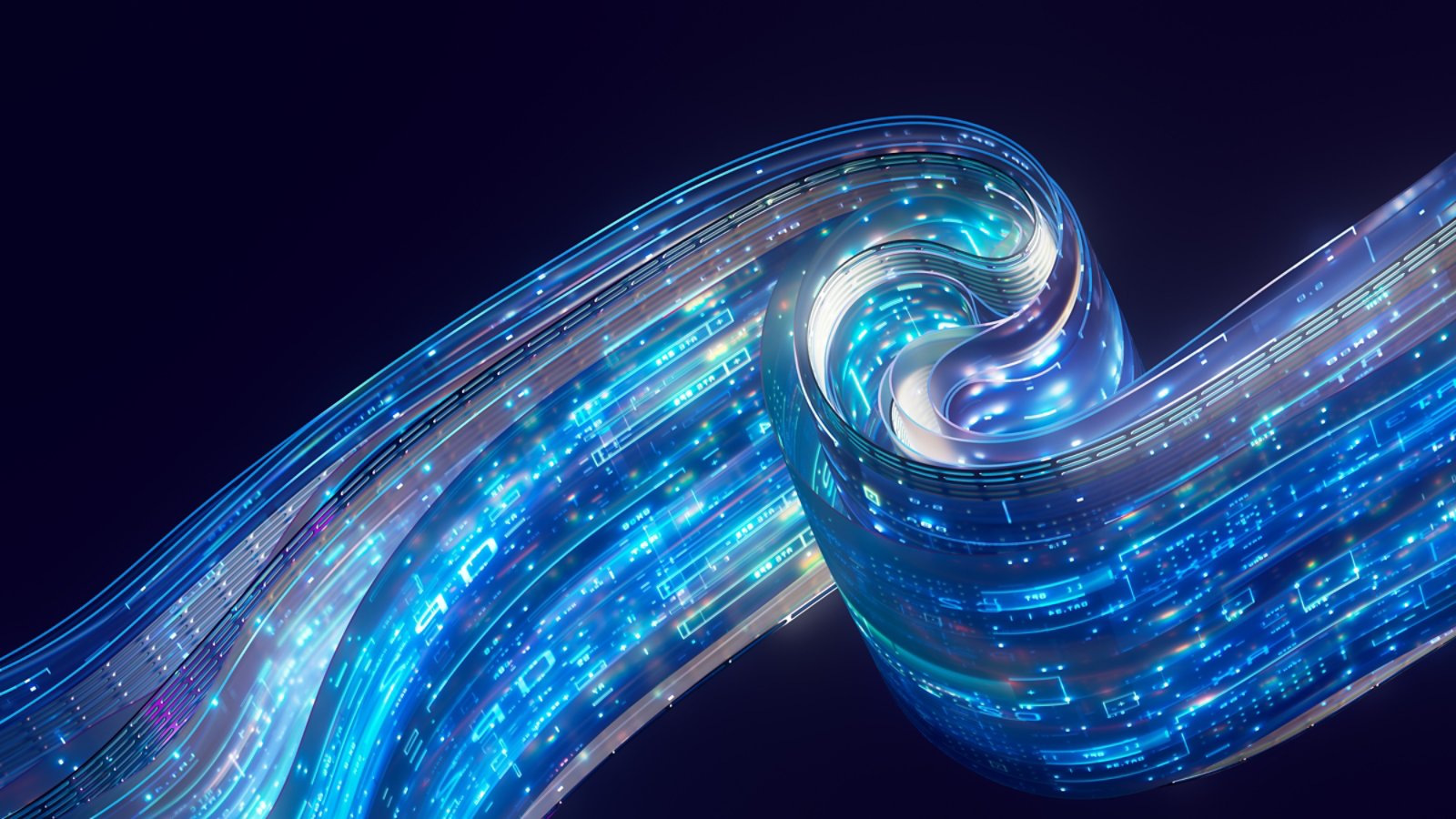 A luminous ribbon of digital data curves dynamically across a dark background. The flowing structure is composed of layered translucent bands filled with glowing blue, cyan, and purple lights. Small geometric elements suggest data packets, circuits, or information flow. The overall scene conveys speed, connectivity, and futuristic technology.
