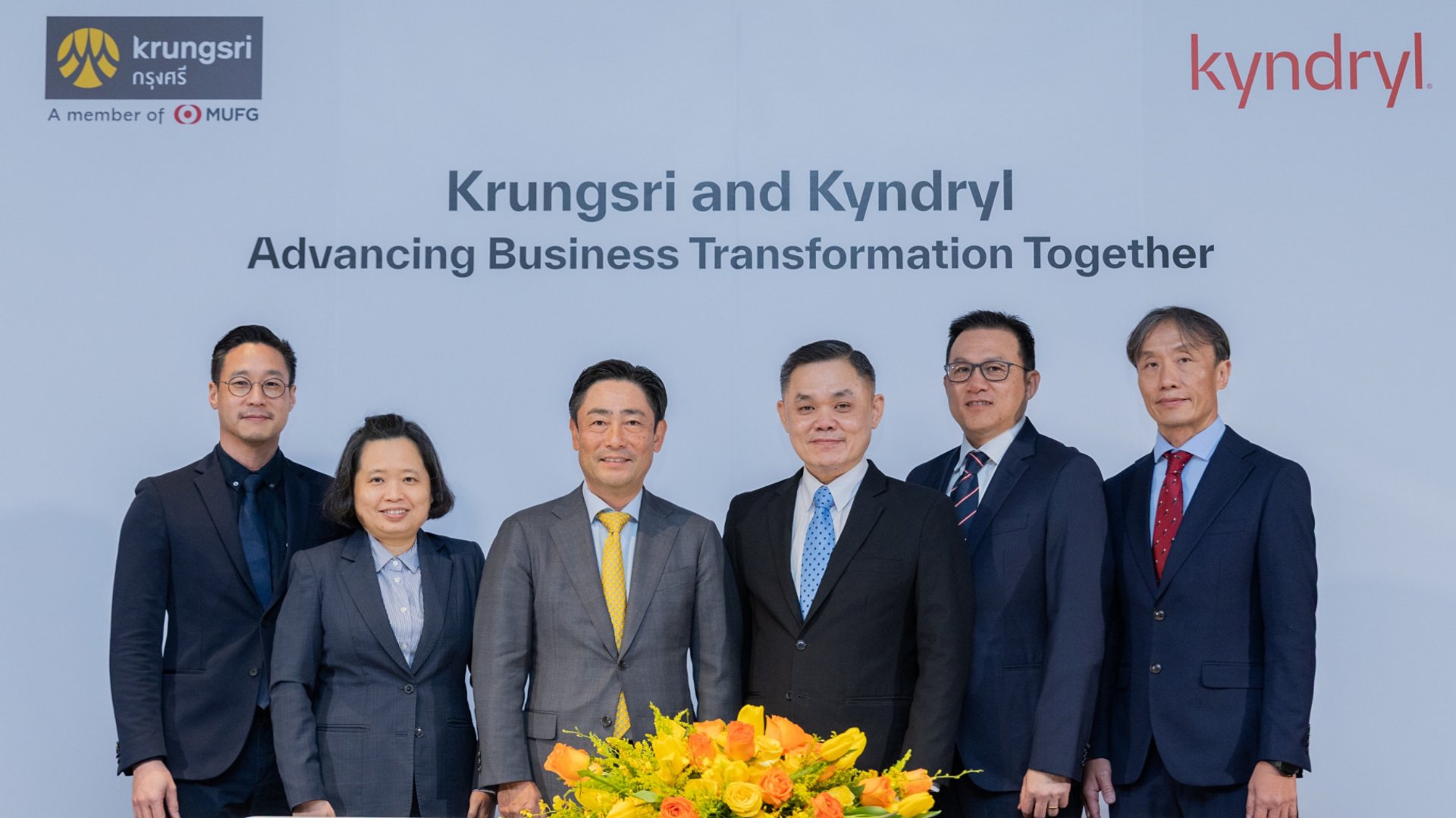 From left to right: Pochara Vanaratseath, Head of Information Technology Group, Krungsri; Duangdao Wongpanitkrit, Chief Finance and Strategy Officer, Krungsri; Kenichi Yamato, President and Chief Executive Officer, Krungsri; Kittipong Asawapichayon, Managing Director, Kyndryl Thailand; Andrew Lim, Managing Director, Kyndryl ASEAN and Korea; Kin Man Lee, Director, Strategic Engagement, Kyndryl