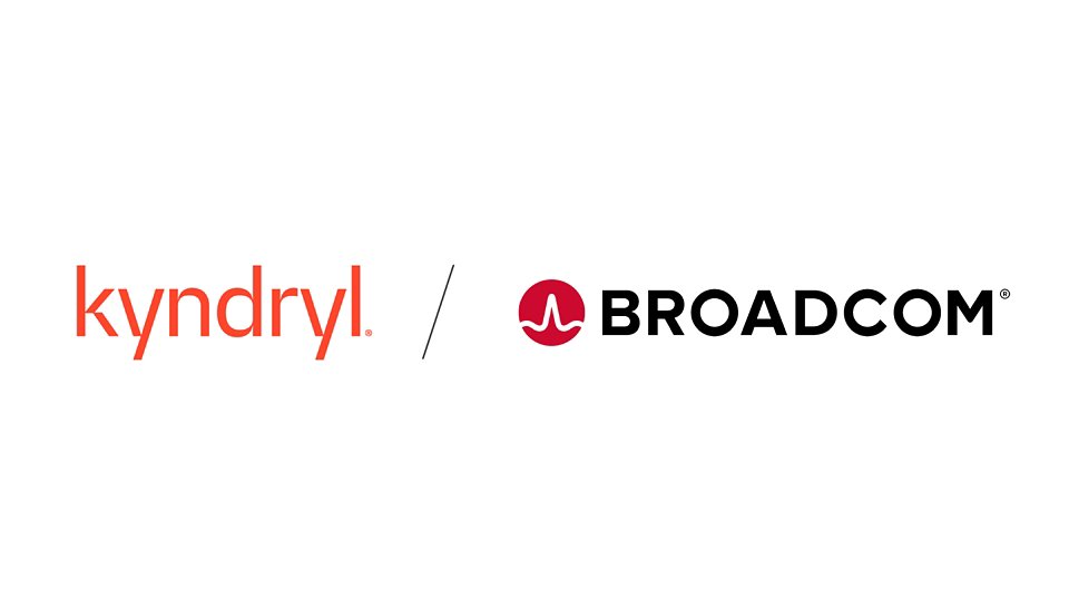 The image features the wordmark of Kyndryl in orange lowercase letters on the left side. A diagonal slash separates it from the Broadcom wordmark in black uppercase letters on the right, accompanied by a red waveform icon. The design is set against a clean white background, emphasizing the two technology company names. The overall composition suggests a collaboration or joint announcement between Kyndryl and Broadcom.