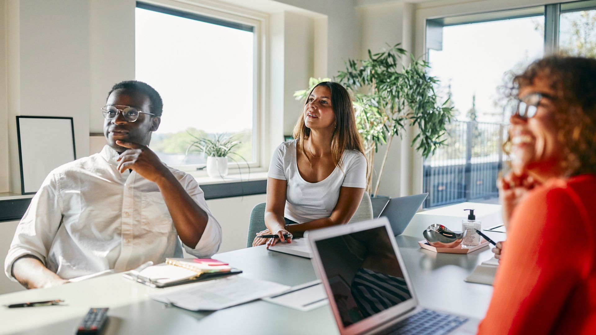 A group of diverse individuals engages in a productive business meeting, brainstorming ideas in a modern, sunlit office space filled with natural light and greenery.