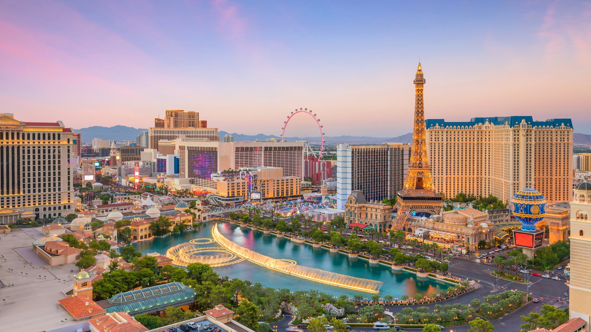 Cityscape of Las Vegas from top view in Nevada, USA at sunset.
