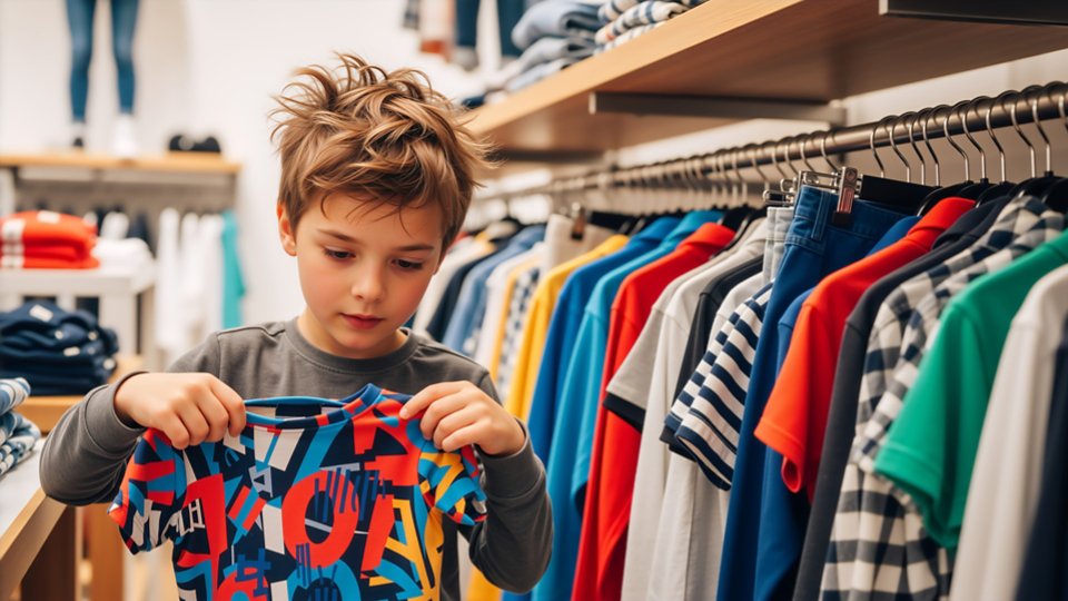 Young boy choosing clothes in a retail store. Child holding a multicolored patterned t-shirt while shopping for apparel 