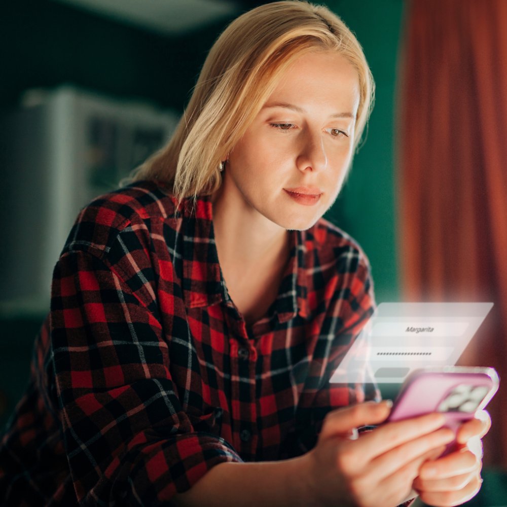 Woman verifying mobile identity login in home interior
