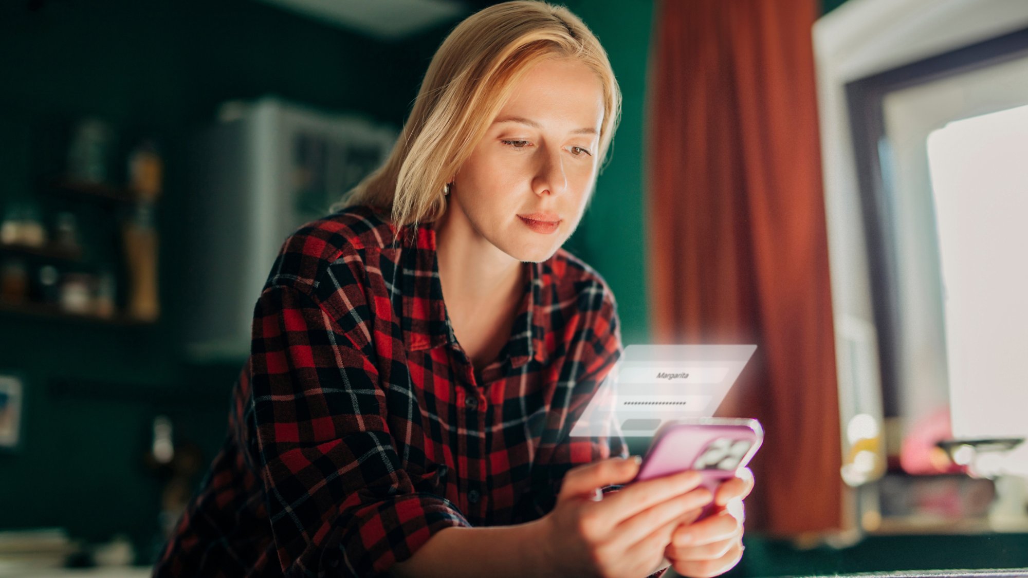 Woman verifying mobile identity login in home interior