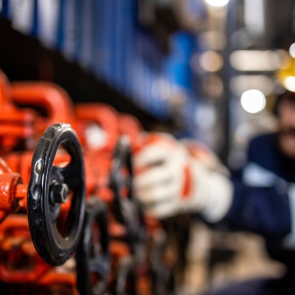 Close up view of industrial valve and pipes while worker checking pressure in background.