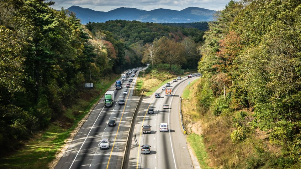 Aerial view of i-40 highway in north carolina from blue ridge parkway