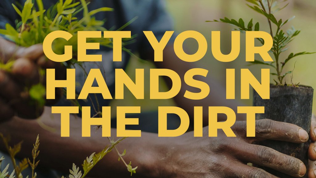 Get your hands in the dirt yellow text with hands of people planting in the background used to promote Kyndryl as proud supporter of One Tree Planted events