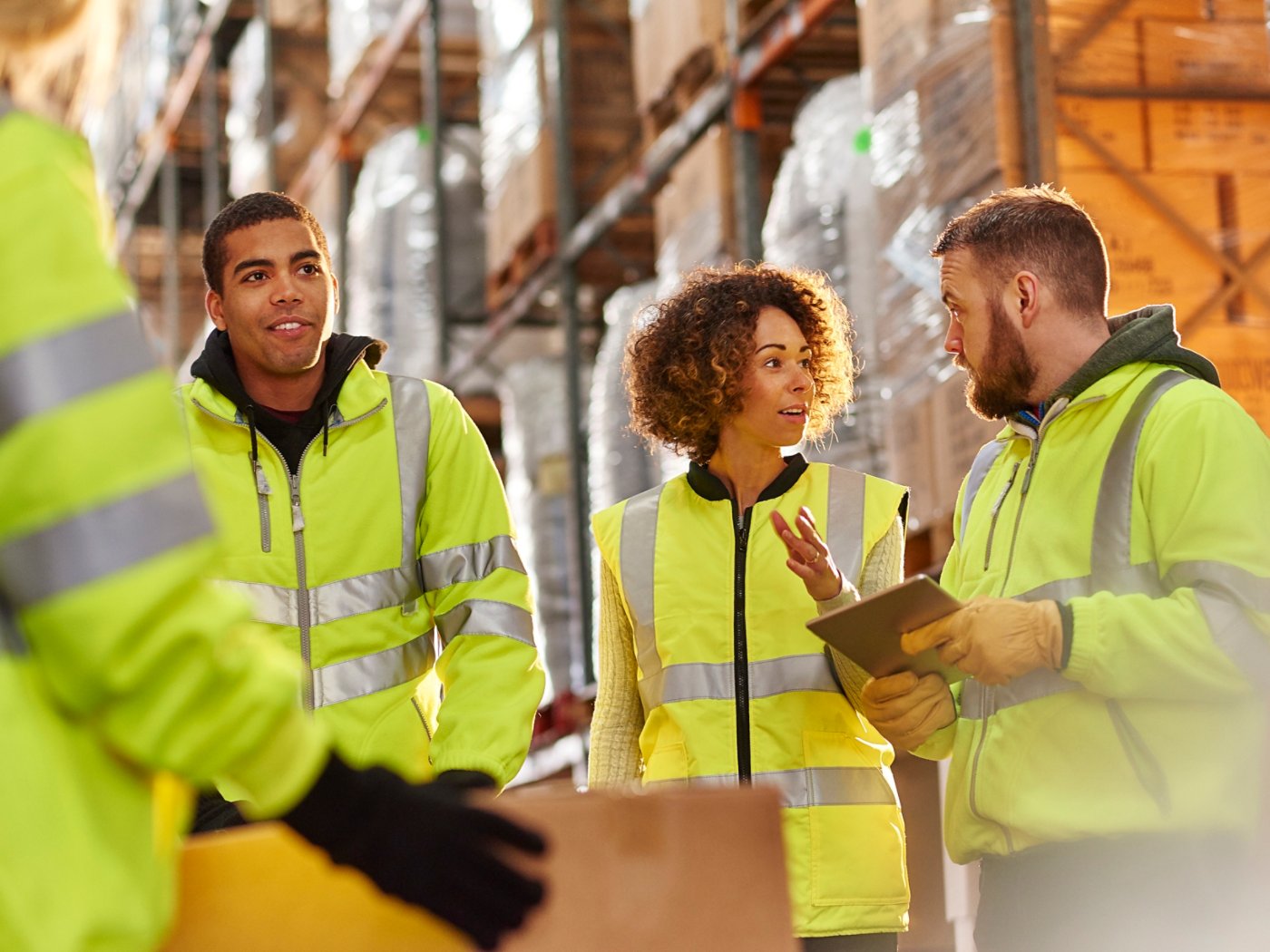 a female warehouse manager chats to an operative with a co -worker .