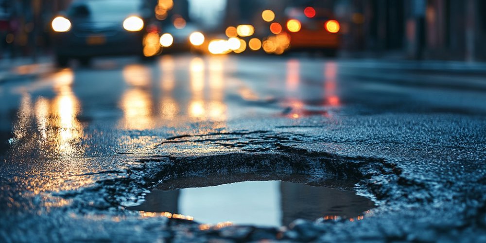 pothole in city street at night