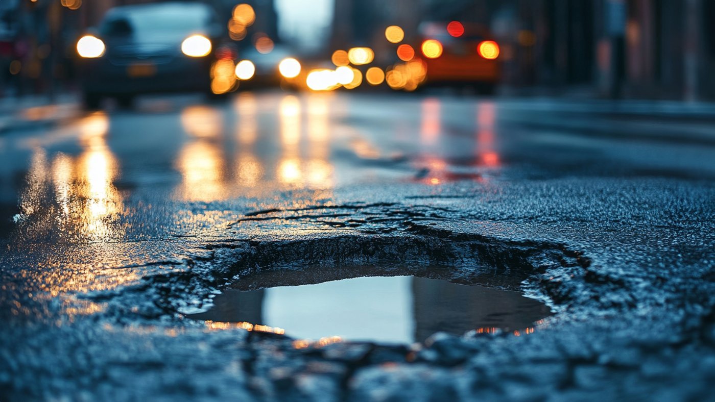 pothole in city street at night