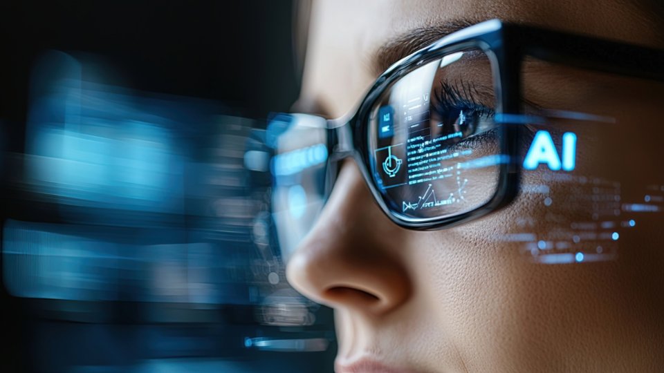 A focused businesswoman analyzes data using an AI assistant through smart glasses, showcasing technology integration in a modern professional environment.