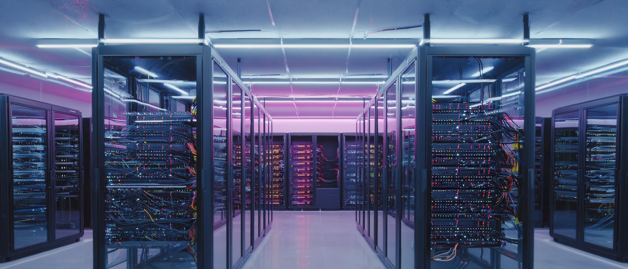 A futuristic data center with neon-lit server racks and advanced technology. Perfect for themes of data storage, cloud computing, cybersecurity, and the digital future