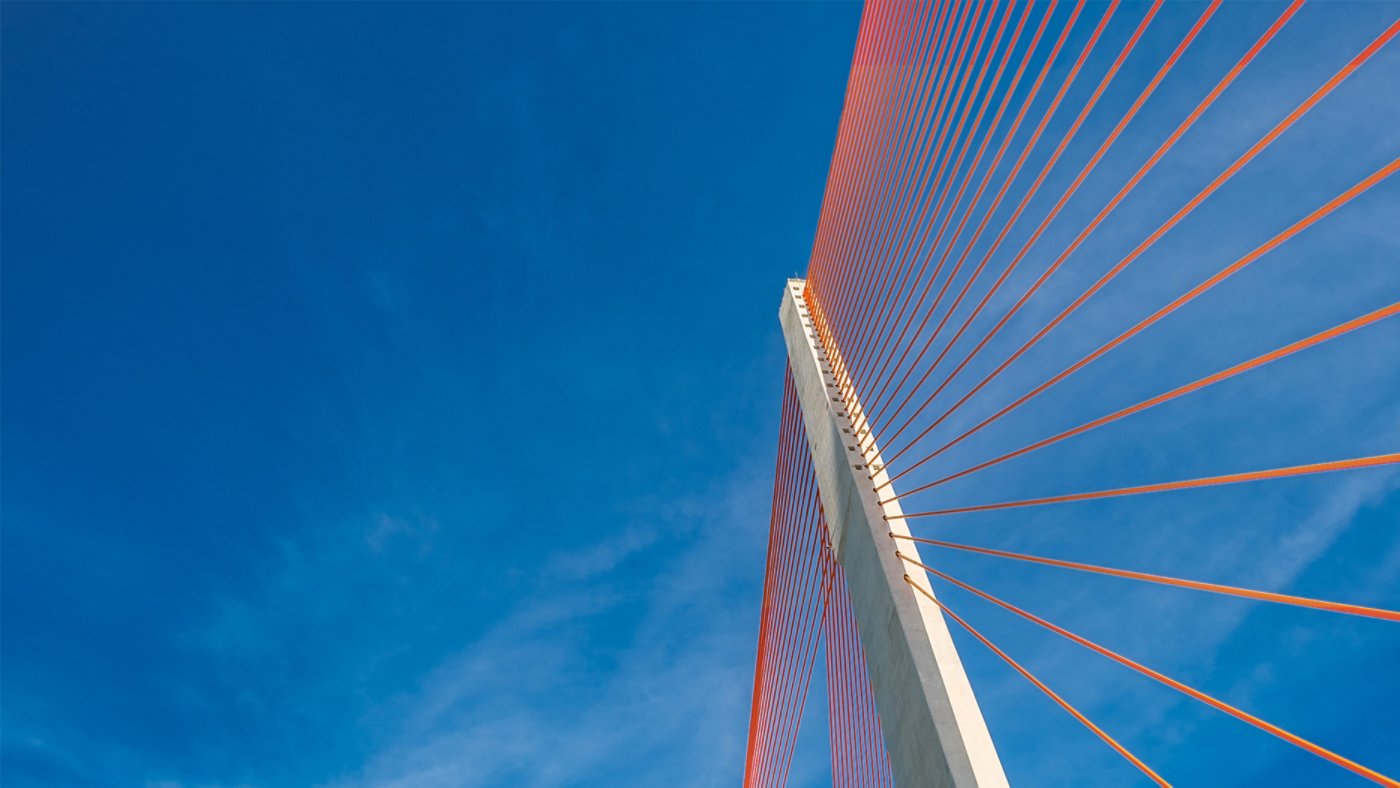 A worm's eye view of a modern suspension bridge