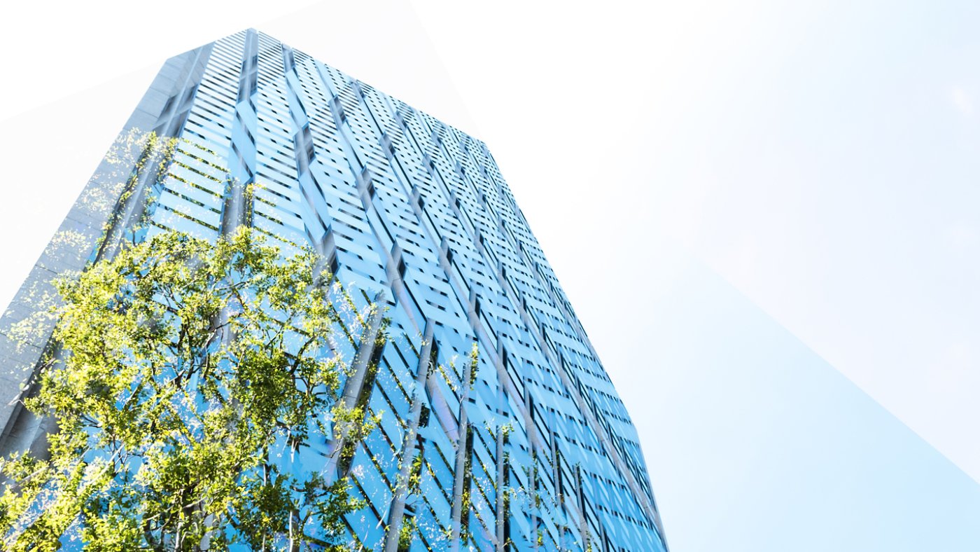 High rise building, skyscraper with sky and green, copy space Tokyo, Japan, at day time.