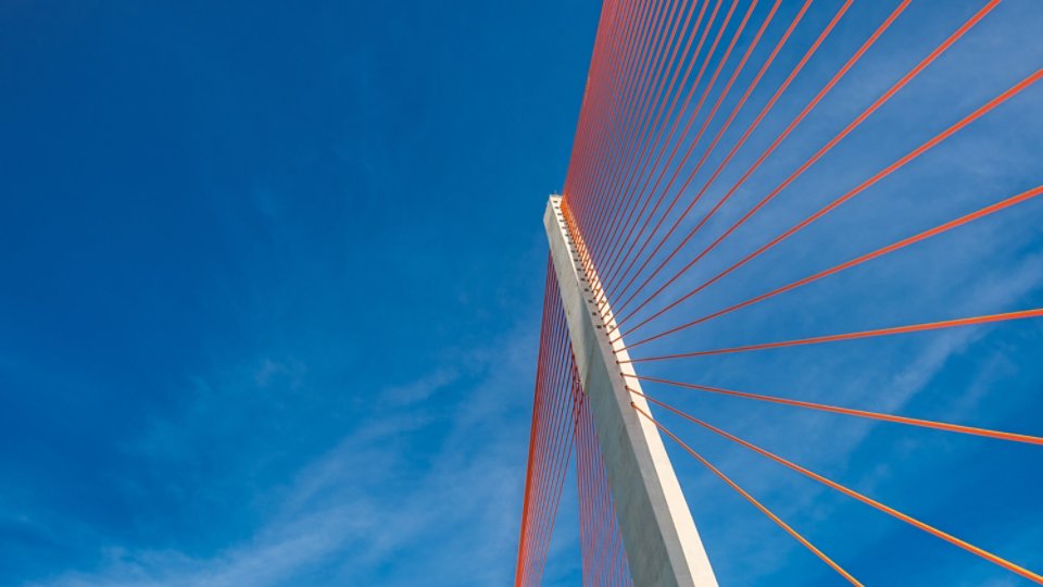A worm's eye view of a modern suspension bridge