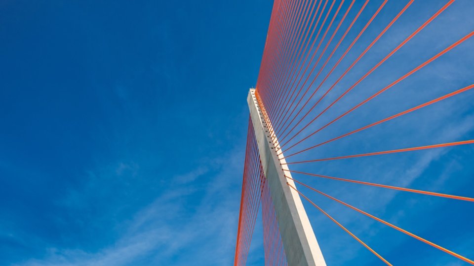 A worm's eye view of a modern suspension bridge