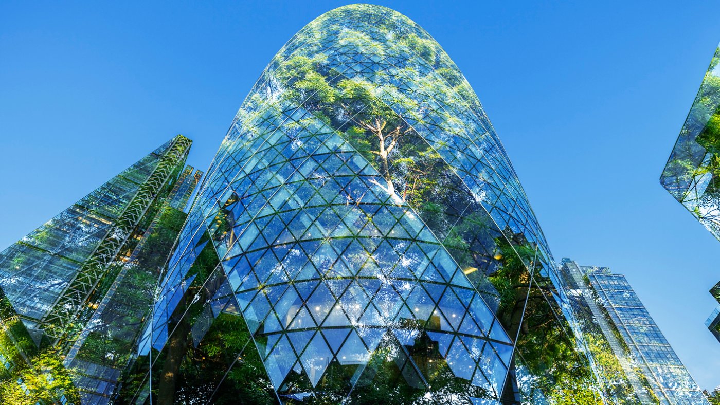 UK, London, digital composite of trees and office buildings in London financial district against clear sky