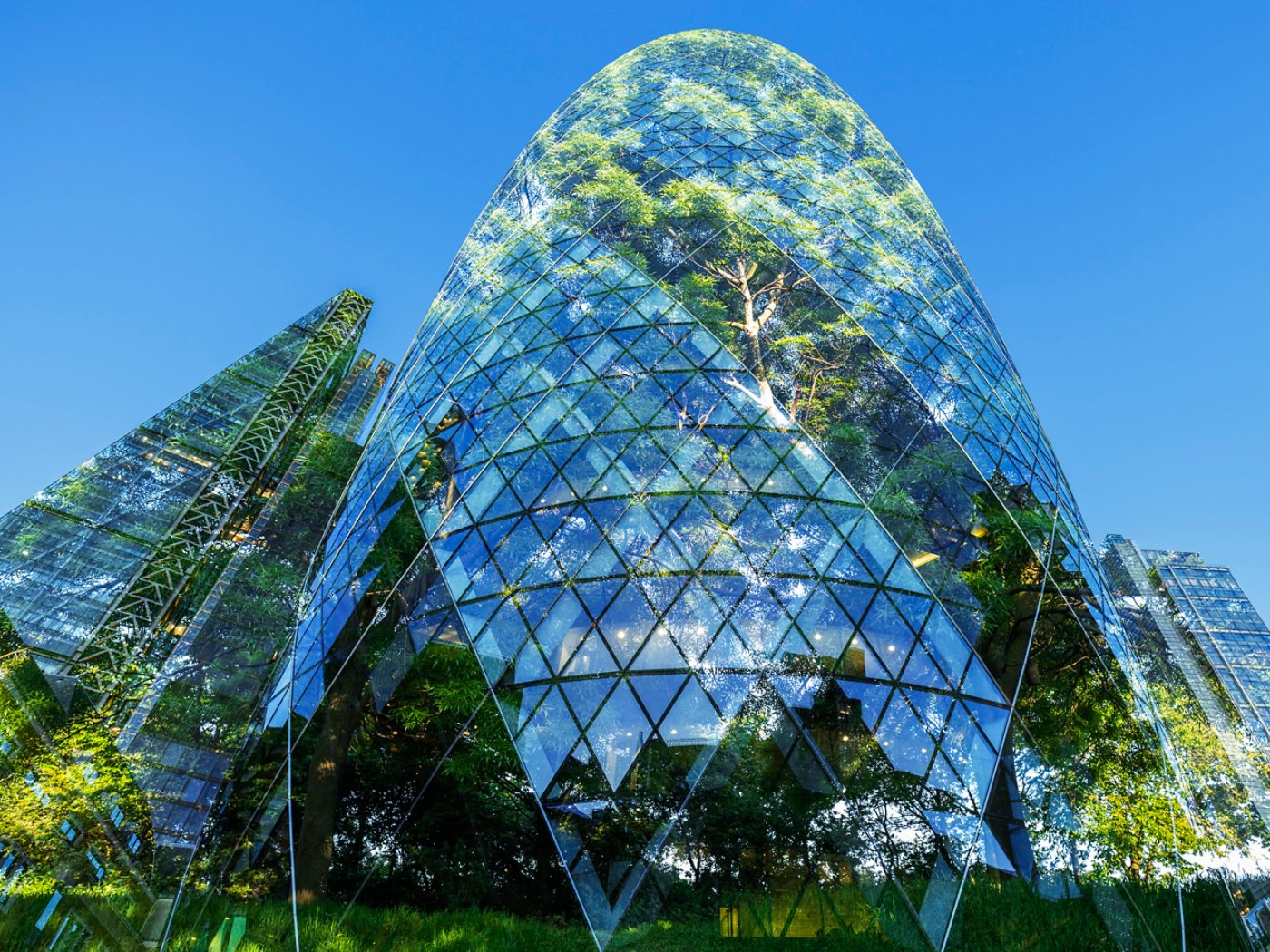 UK, London, digital composite of trees and office buildings in London financial district against clear sky
