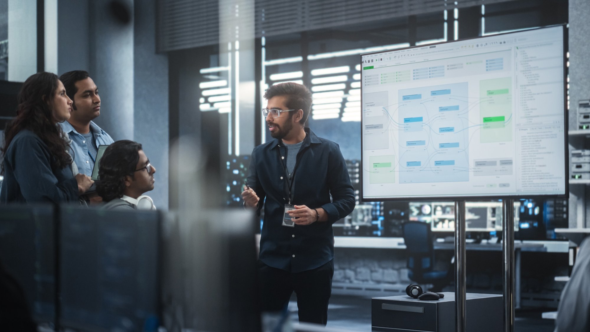Group of Diverse Software Developers Having a Meeting in a Conference Room. Indian Female and Male Tech Industry Engineers Brainstorming Ideas for Their Neural Network Blockchain Startup