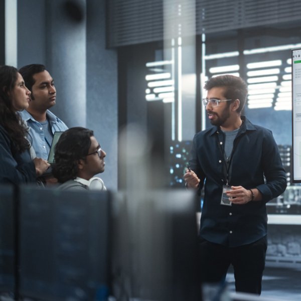 Group of Diverse Software Developers Having a Meeting in a Conference Room. Indian Female and Male Tech Industry Engineers Brainstorming Ideas for Their Neural Network Blockchain Startup