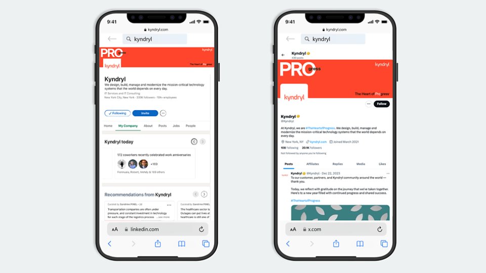 Company social accounts on screen of mobile phones 16x9