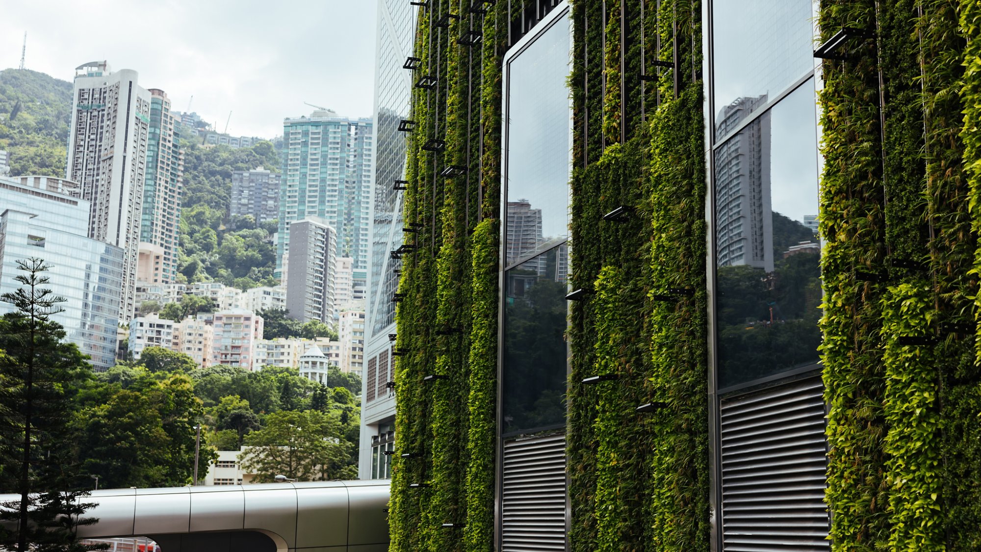 Green vertical garden on modern building with cityscape in background