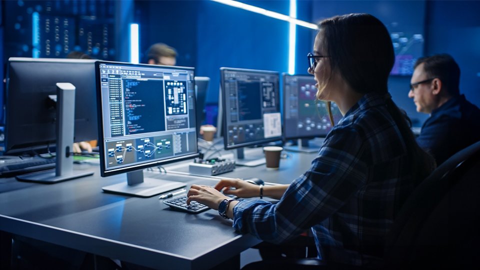 team of programmers at workstations in computer room