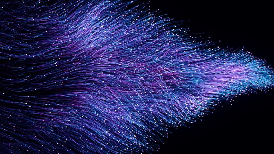 Abstract orange particles of optical fiber 3d illustration