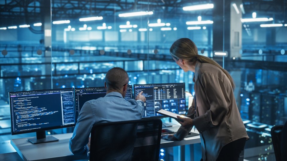 Male Engineer and Female Team Leader Collaborate on a Project in a Modern Data Center Office. Specialists Analyzing Complex Systems on Multiple Screens to Improve Software Performance