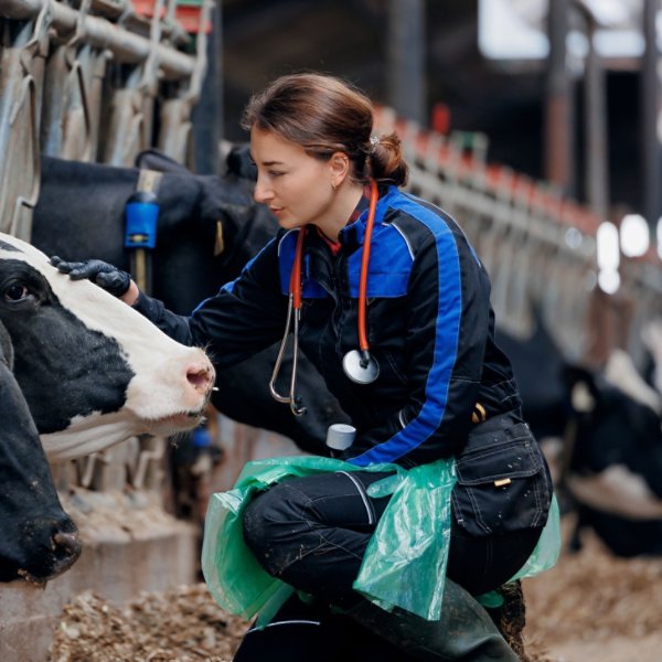 Concept vet love for profession and animals livestock industry. Young woman veterinarian in uniform taking care of health of cow on cattle farm.