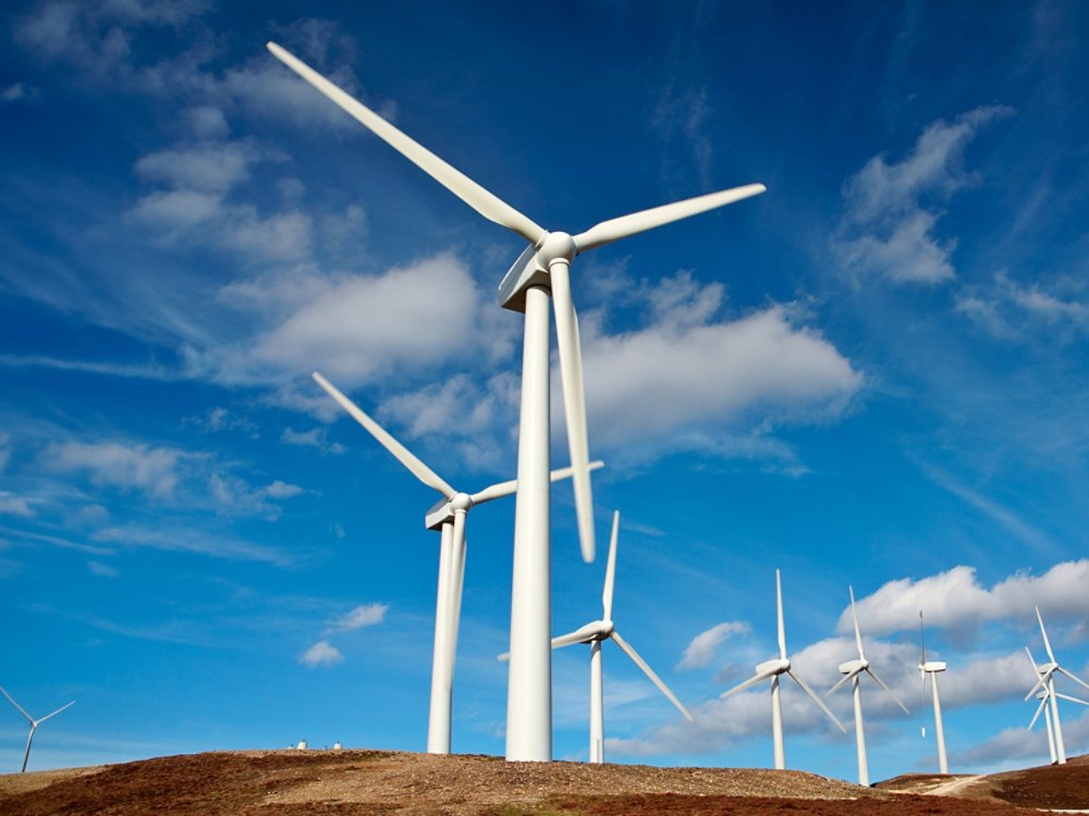 line of wind turbines