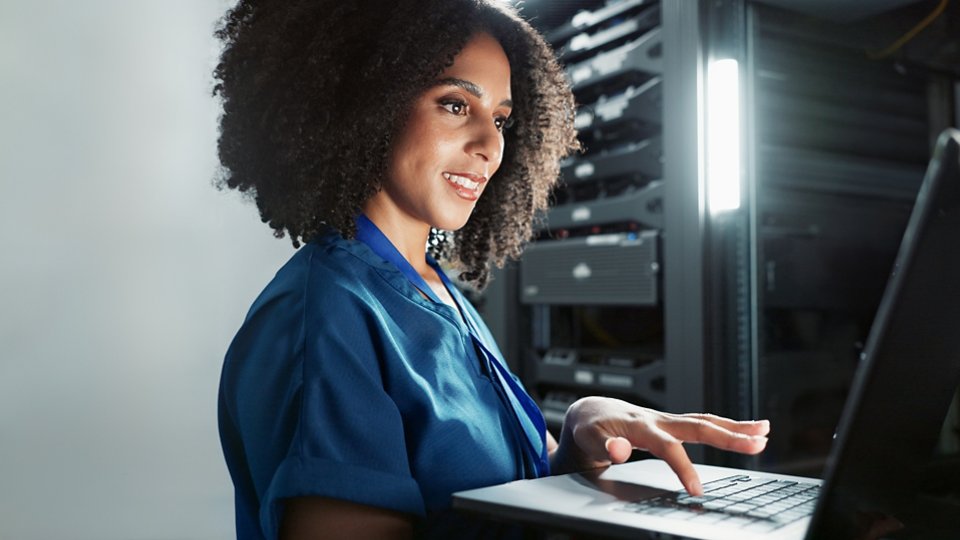 Laptop, data center and technician programming software, update or system analysis overlay. Technology, server room and woman on database for information, cyber security or code for cloud computing.