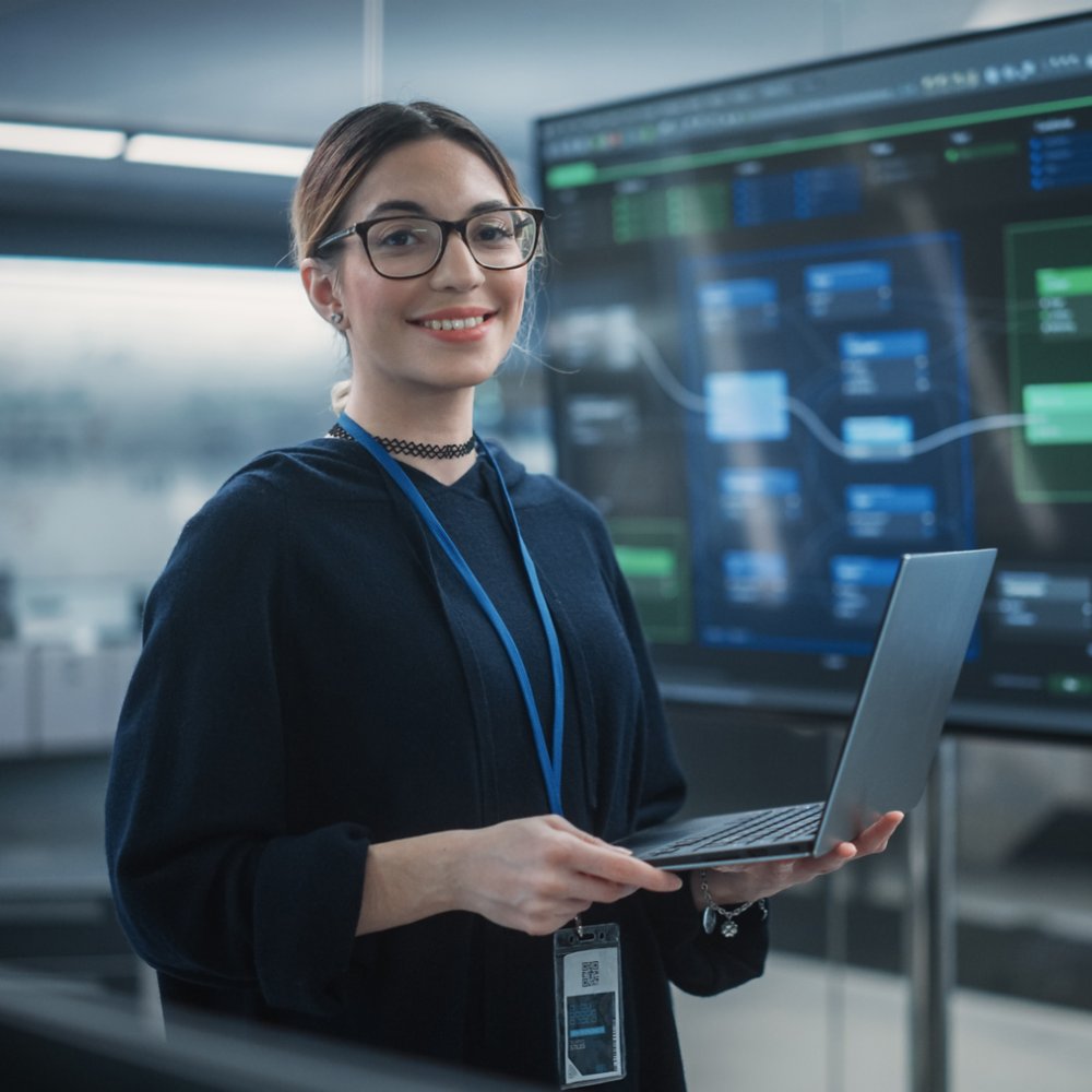 Portrait of a Beautiful Diverse Female Wearing Glasses, Using Laptop Computer, Looking at Camera and Smiling. Information Technology Specialist, Software Engineer or Developer