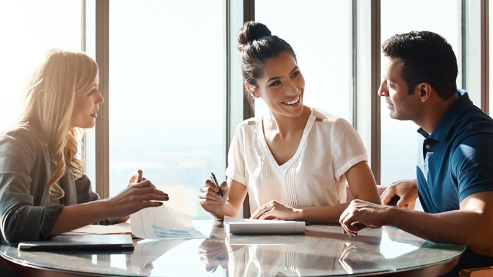 Meeting, couple and financial advisor with contract for consulting, insurance plan or investment in office. Discussion, help and woman broker with people for advice, loan application or information.