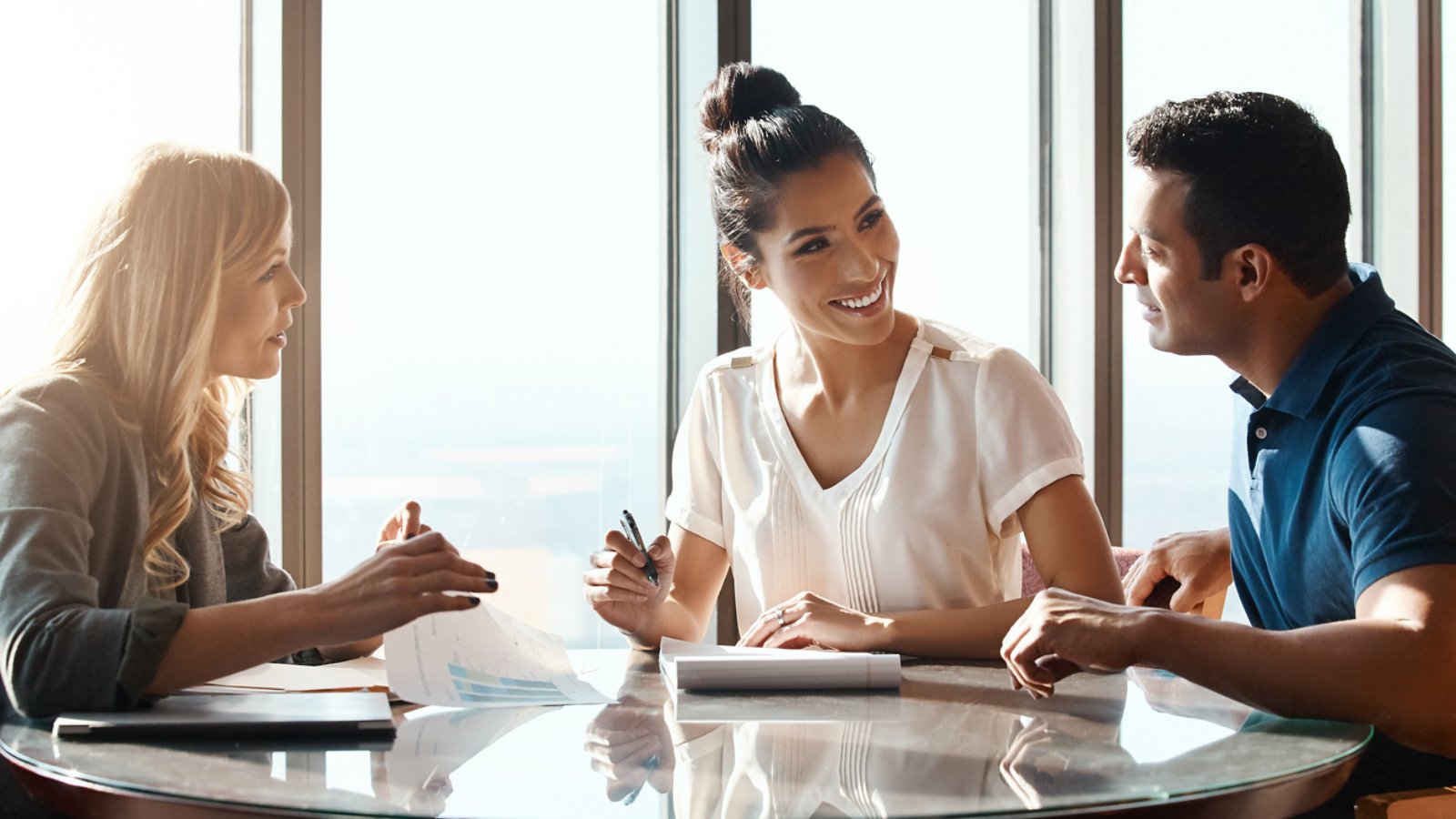 Meeting, couple and financial advisor with contract for consulting, insurance plan or investment in office. Discussion, help and woman broker with people for advice, loan application or information.