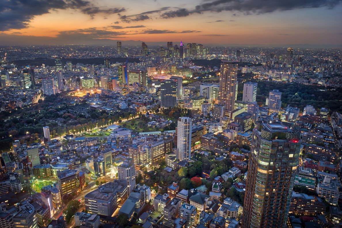 Aerial view of Tokyo at twilight.