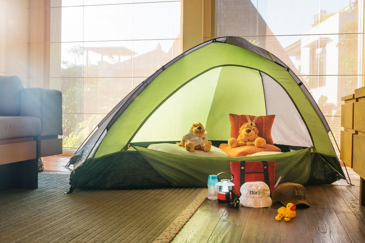 Tent set up in a guest villa for Ritz Kids Night Safari.
