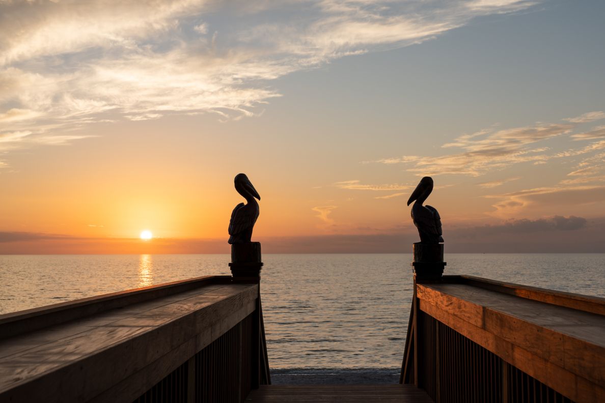 Two pelican statues at the end of a boardwalk with the sunset and ocean in the background.