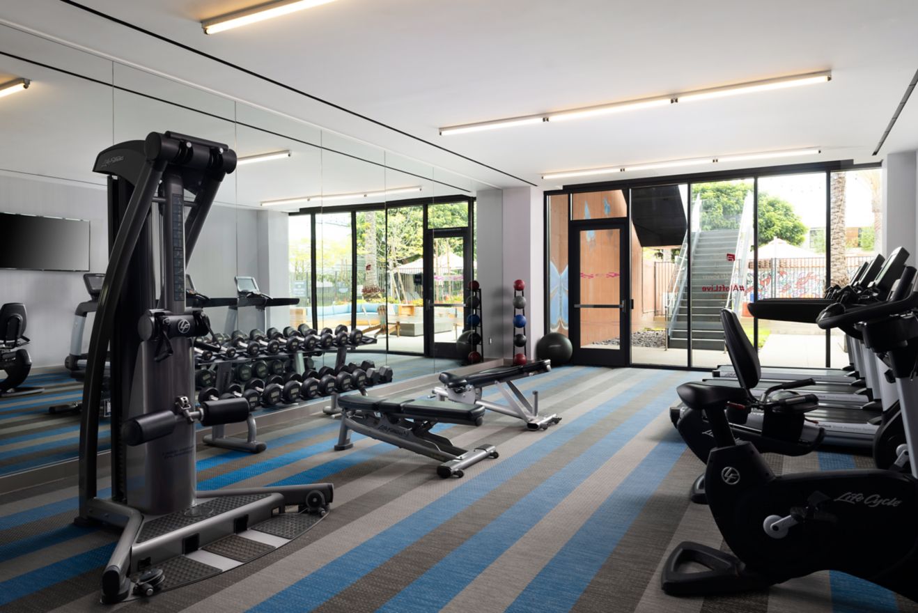 Exercise room with weights, bikes, and treadmill