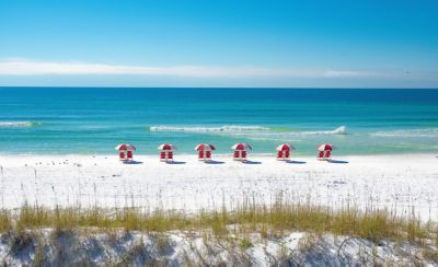 A beach with umbrellas