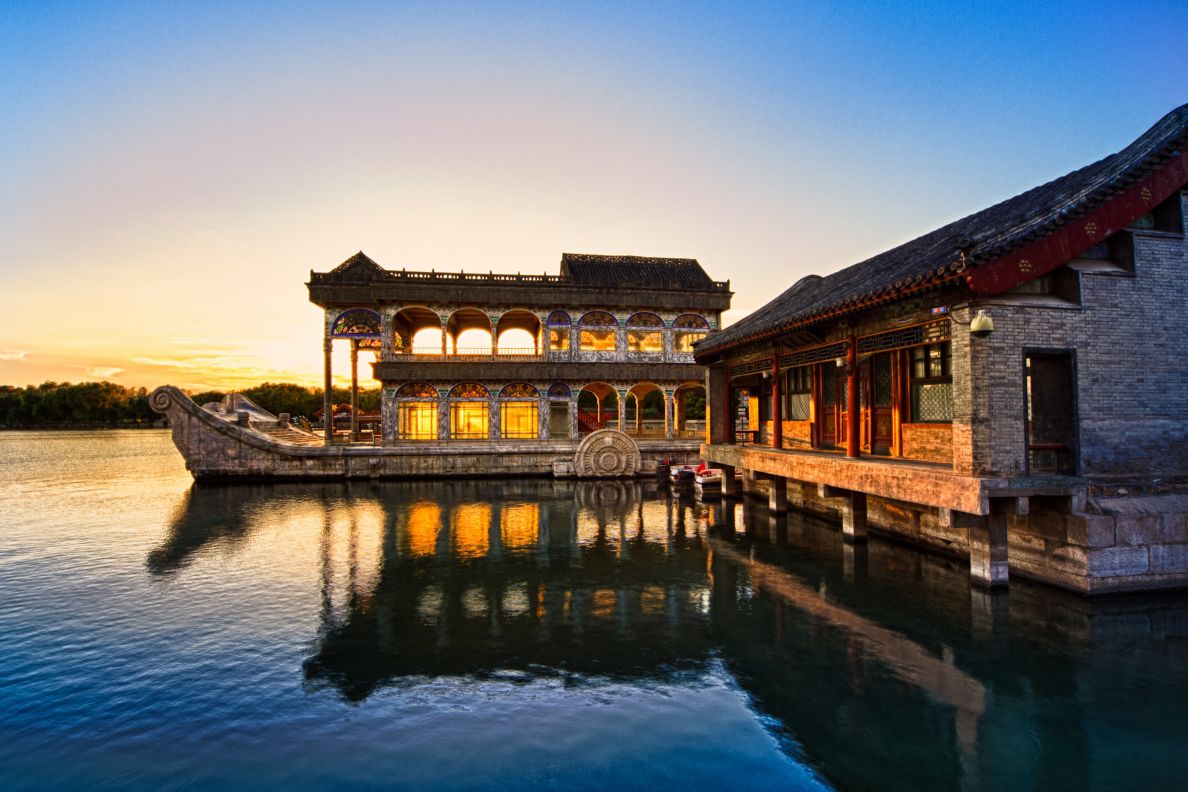 Marble boat lakeside pavilion at the Summer Palace in Beijing.