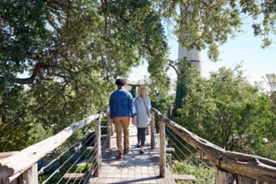 Couple stroll on raised wooden pathway through public garden