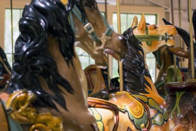 A close-up of carousel horses