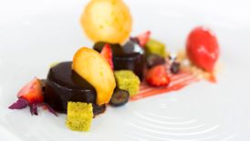 Chocolate and candied fruit artfully plated