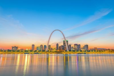 The Mississippi River in the foreground with the St. Louis skyline and Gateway Arch in the background