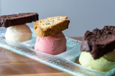 Three ice cream scoops on a dish