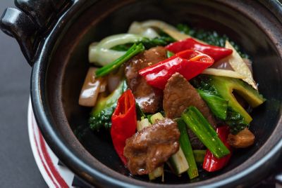 Beef and peppers in bowl