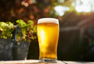 Glass of beer on table in the sun