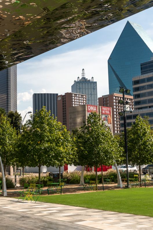 A city's tall buildings overlook a park with trees, a large lawn and a covered patio